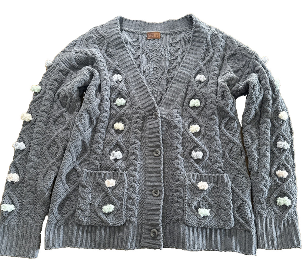 POL Cardigan Medium Grey Chunky Knit Long Sleeve 3 Button Sweater Womens Pompons